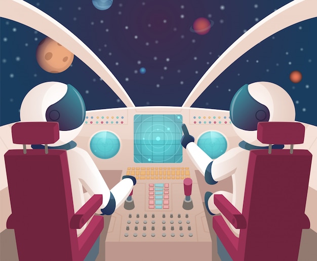 Vector pilotos en nave espacial. cabina de lanzadera con pilotos en trajes de dibujos animados con planetas