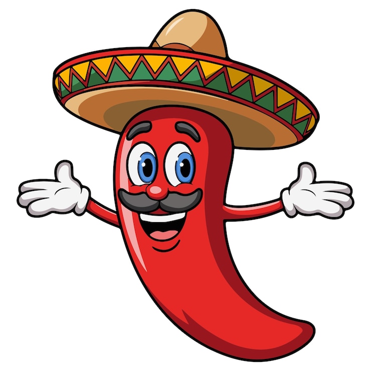 Vector pimienta de chile de dibujos animados con sombrero y bigote