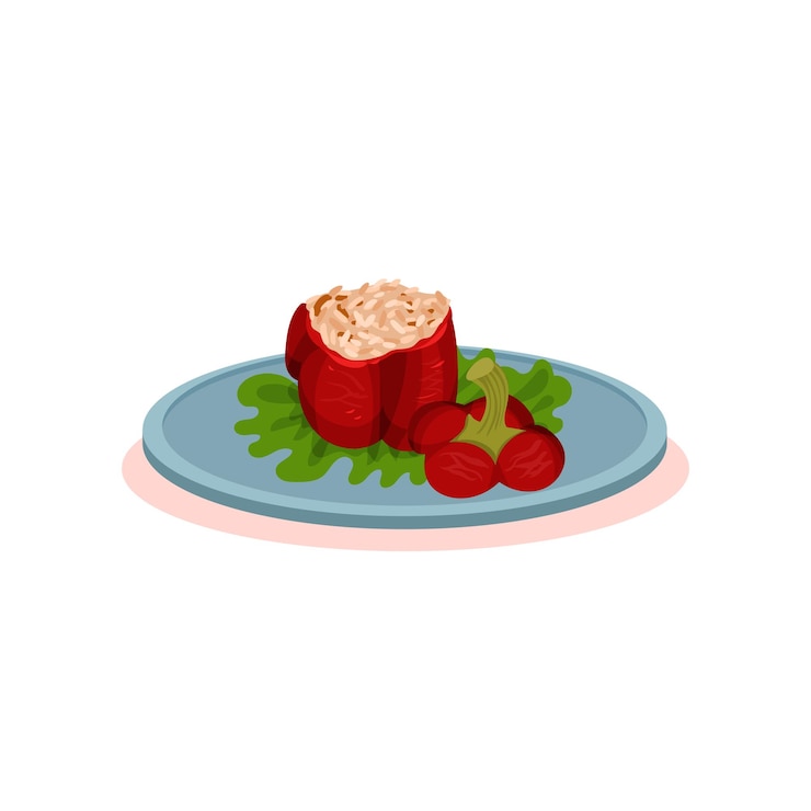 Vector pimienta horneada rellena en un plato cocina búlgara vector de plato de comida nacional ilustración aislada sobre un fondo blanco