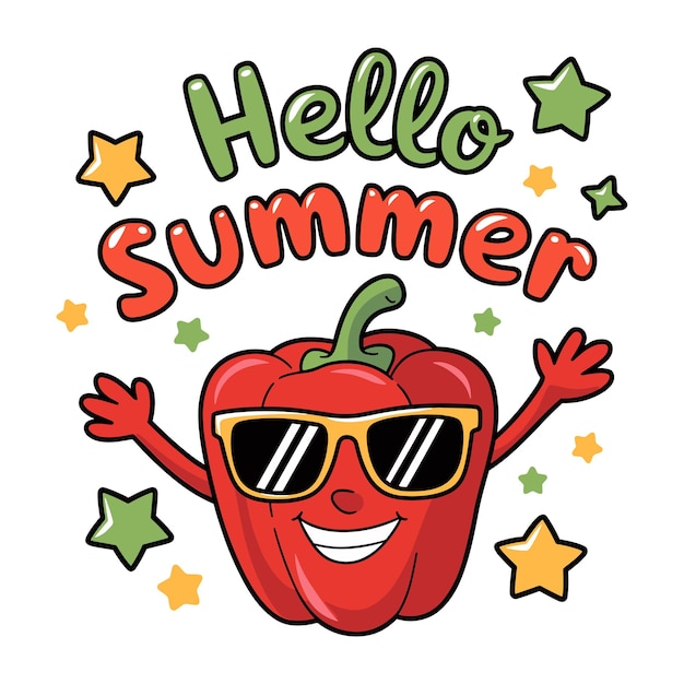 Pimienta roja divertida con gafas de sol que dice Hola verano sobre fondo blanco