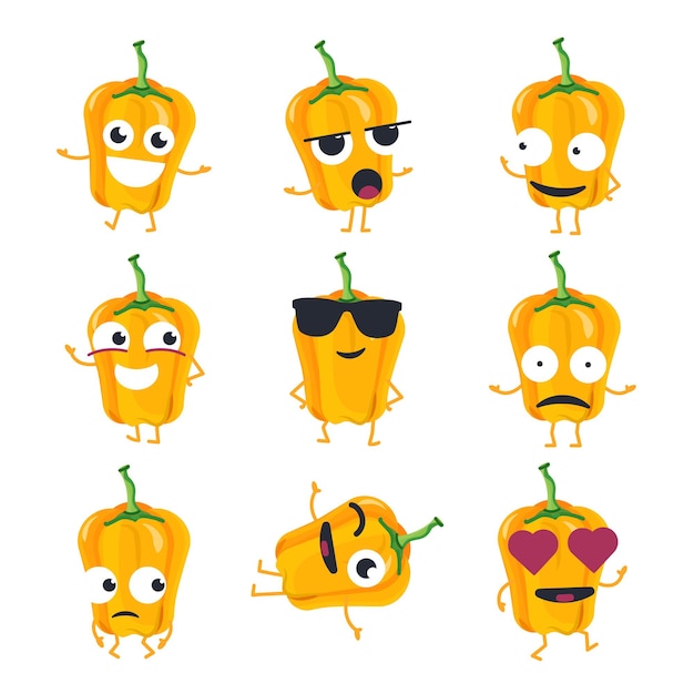 Pimiento amarillo divertido - emoticonos de dibujos animados vector aislado. lindo emoji con un lindo personaje. una colección de un vegetal enojado, sorprendido, feliz, alegre, loco, riendo, triste en el fondo blanco