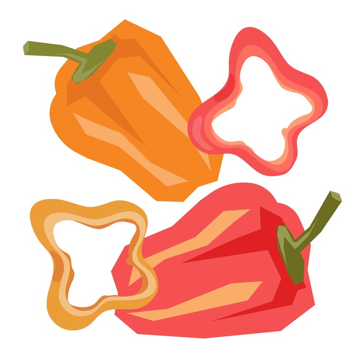 Vector pimiento morrón en rodajas y entero para paquetes de alimentos e impresiones, ilustración vectorial plana aislada sobre fondo blanco. conjunto de verduras de pimiento.