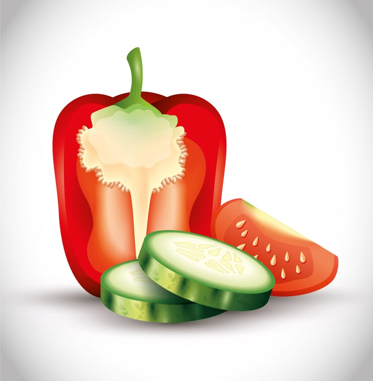 Vector pimiento rojo fresco con rodajas de pepino y medio tomate, vegetales orgánicos