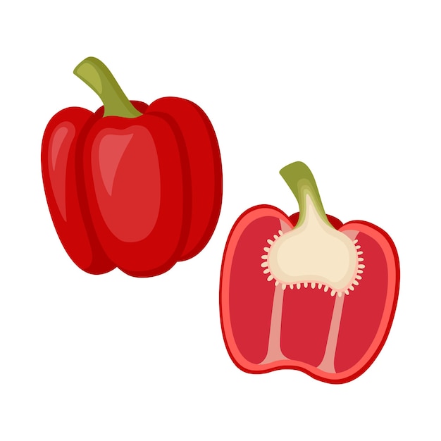 Pimiento rojo, verdura entera y la mitad. Ilustración vectorial