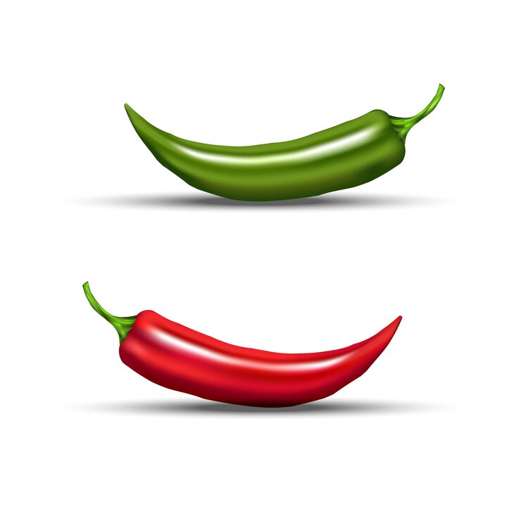 Vector pimientos chili rojos y verdes vívidos aislados en ilustración vectorial blanca 3d diseño fresco y orgánico para conceptos culinarios y alimentarios ideales para cocinar especias y visuales de alimentación saludable