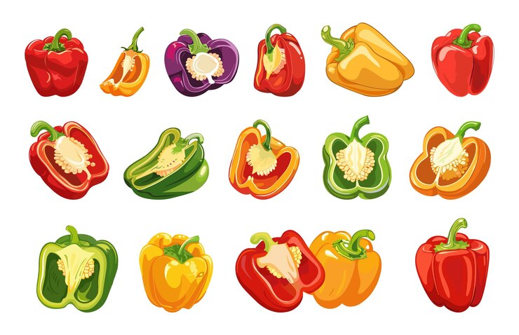 Vector pimientos coloridos de dibujos animados en rodajas, media campana de pimienta aislada, conjunto de verduras frescas rojas, amarillas y verdes, vitaminas, elementos vectoriales de alimentos orgánicos
