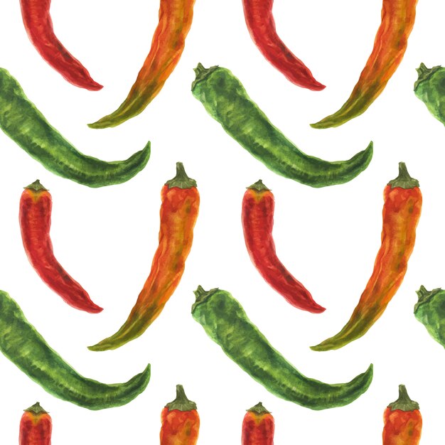 Pimientos picantes verdes, naranjas y rojos, acuarela de patrones sin fisuras