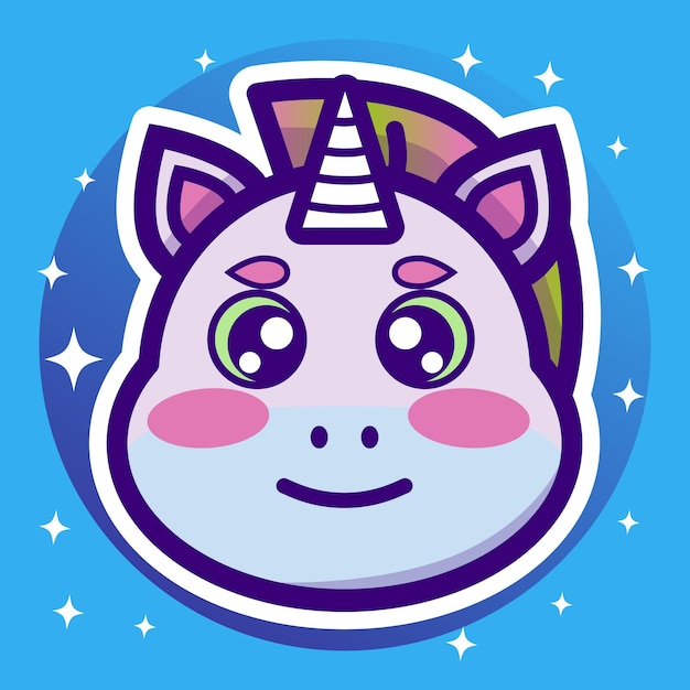 un pin de dibujos animados unicornio lindo con un fondo azul y estrellas