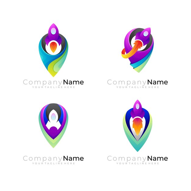 Pin logo y combinación de diseño de cohete, icono de ubicación