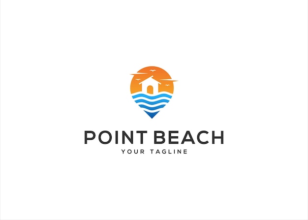 Pin Map y Travel Beach wave con ilustración de diseño vectorial del logotipo Sunset