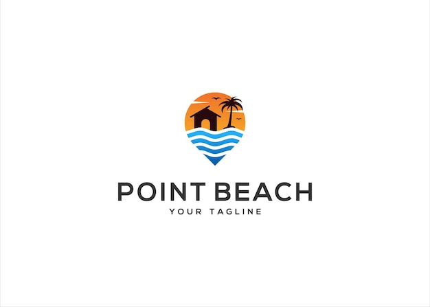 Pin Map y Travel Beach wave con ilustración de diseño vectorial del logotipo Sunset