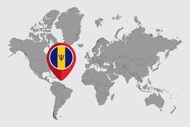 Pin mapa con bandera de barbados en el mapa mundial ilustración vectorial