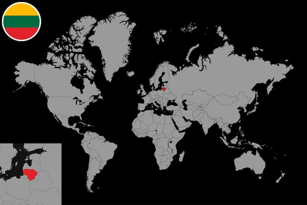 Pin mapa con la bandera de lituania en el mapa mundial ilustración vectorial