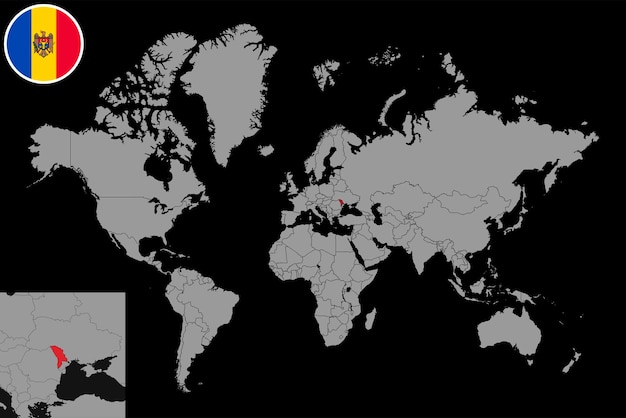 Pin mapa con la bandera de Moldavia en el mapa mundial ilustración vectorial