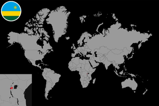 Pin mapa con la bandera de ruanda en el mapa mundial ilustración vectorial