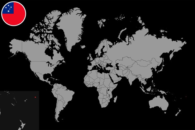 Pin mapa con la bandera de samoa en el mapa mundial ilustración vectorial