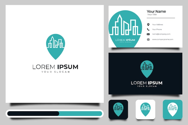 pin de mapa con diseño creativo del logotipo de la construcción de la ciudad y plantilla de tarjeta de visita