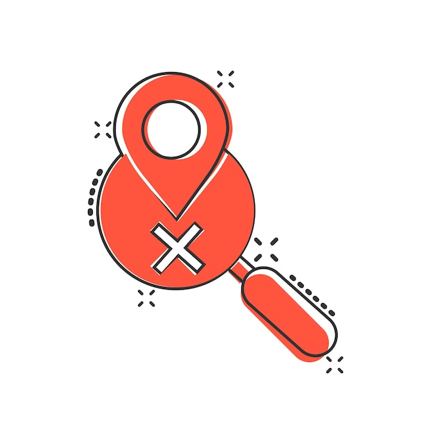 Pin de mapa con icono de lupa en estilo cómic