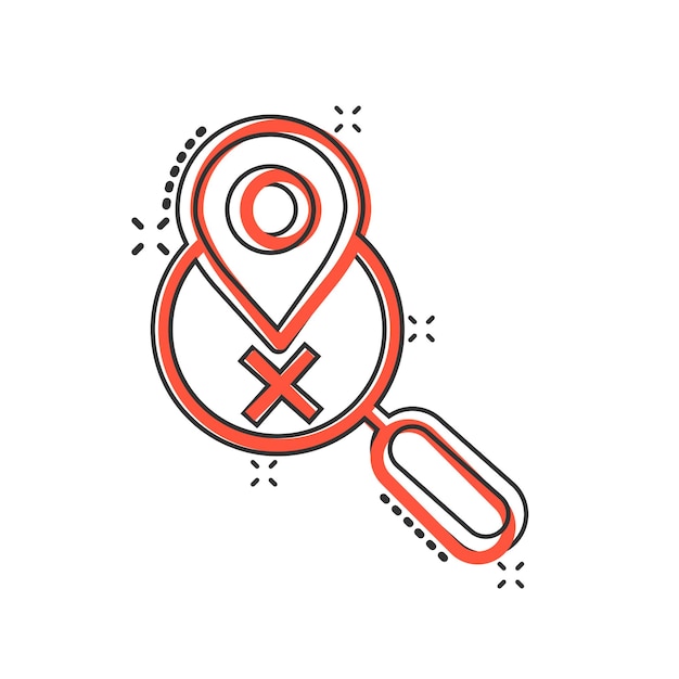 Pin de mapa con icono de lupa en estilo cómic