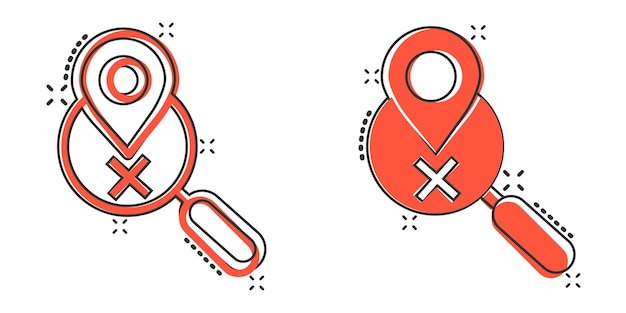 Pin de mapa con icono de lupa en estilo cómic