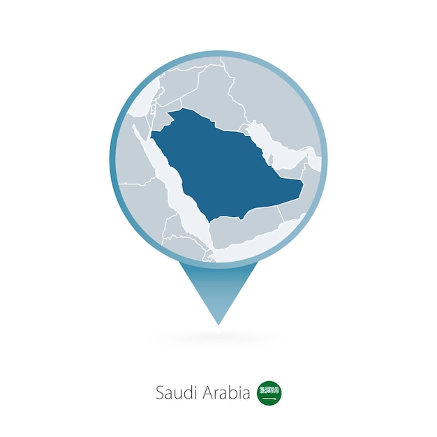 Pin de mapa con mapa detallado de Arabia Saudita y países vecinos