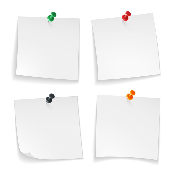 Vector pin notas. papel blanco de nota rizado esquina con mensaje de anuncio de tablero de oficina de botón pulsado de color, conjunto realista