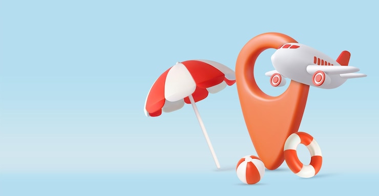 Vector pin de ubicación de viaje 3d con avión y playa