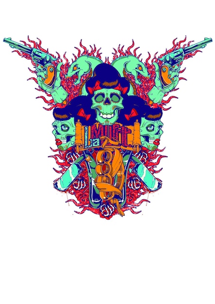 Pin up sugar skulls trinity sobre un fondo llameante
