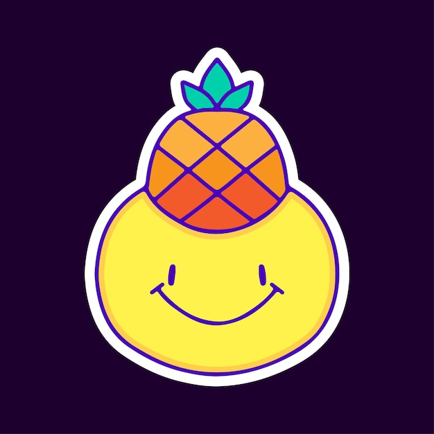 Piña dentro de sonrisa emoji cara caricatura, ilustración para camiseta, pegatina.