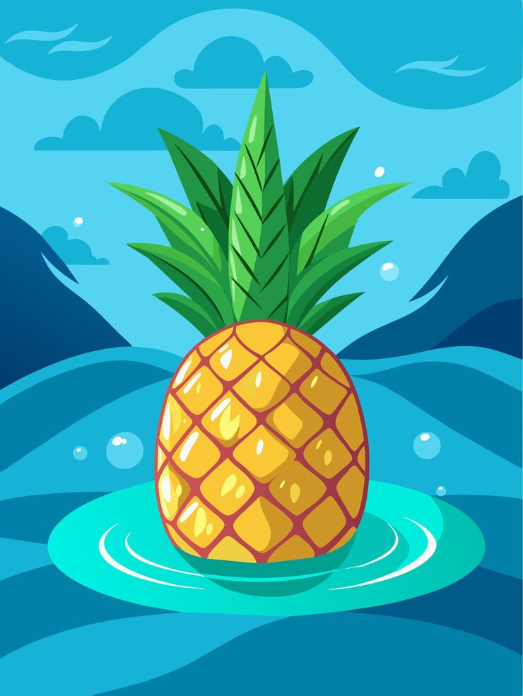 Vector una piña de dibujos animados flotando en aguas azules con ondas