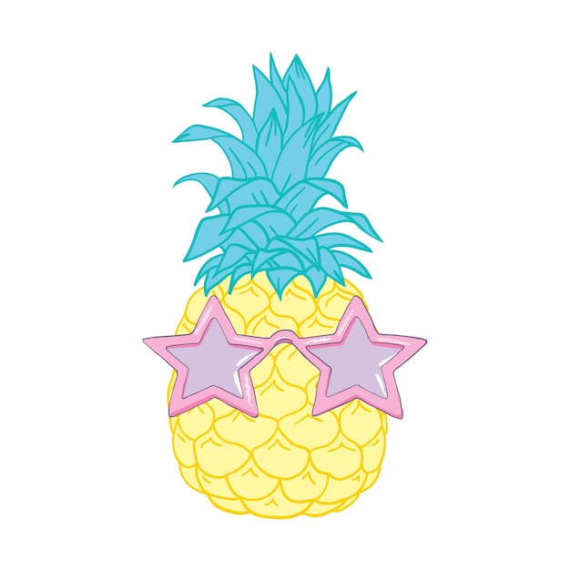 Piña de dibujos animados en gafas Frutas exóticas frescas y lindas en gafas de sol