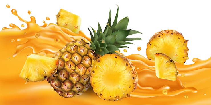 Vector piña entera y en rodajas sobre una ola de jugo de frutas.