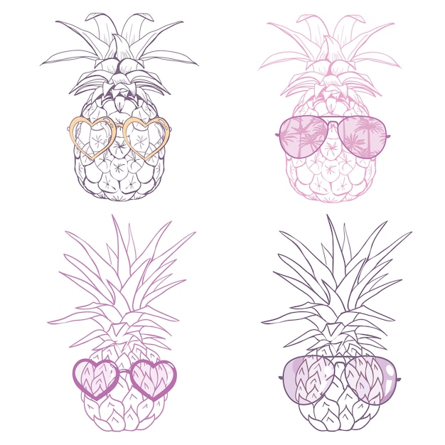 Piña con gafas tropicales, vector, ilustración, diseño, exótico, comida, fruta