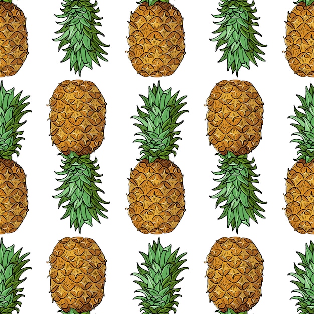 Piña, con, leaves., Seamless, patrón, con, frutas tropicales, blanco, fondo., Brillante, verano, illustration., Arte botánico, para, impresiones, cubiertas de libros, textil, tela, envolver, regalo, paper.