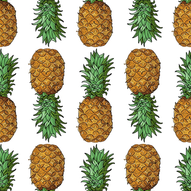 Piña, con, leaves., seamless, patrón, con, frutas tropicales, blanco, fondo., brillante, verano, illustration., arte botánico, para, impresiones, cubiertas de libros, textil, tela, envolver, regalo, paper.