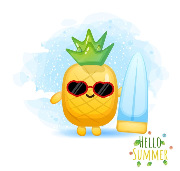 Piña linda del doodle que juega el personaje de dibujos animados de surf. hola tarjeta de felicitación de verano