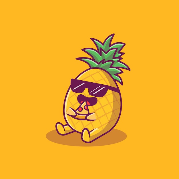 Piña linda que come la ilustración del icono de la historieta de la pizza. Concepto de icono de fruta de verano aislado. Estilo plano de dibujos animados