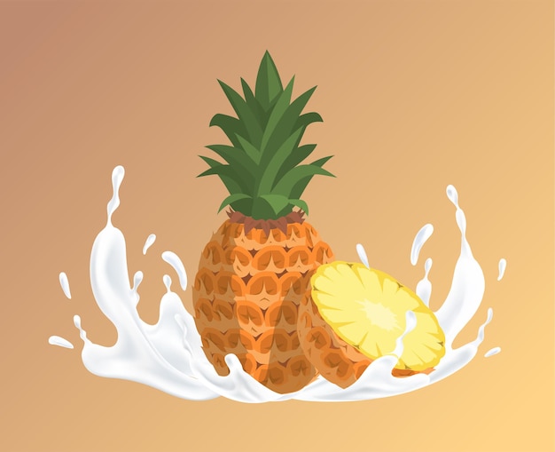 Piña y salpicaduras de ilustración de dibujos animados de líquido blanco orgánico natural
