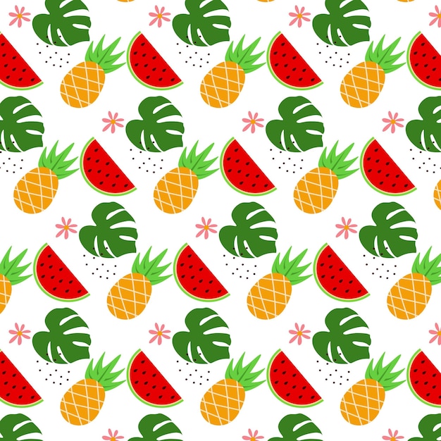 Piña de sandía con hojas de monstera de patrones sin fisuras Patrón transparente de colores brillantes