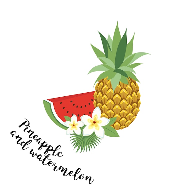 Piña y sandía - vector, ilustración. set de frutas. iconos de frutas tropicales con hojas y flores. conjunto de vectores de moda ilustraciones aisladas en blanco.