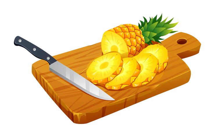 Vector piñas cortadas con un cuchillo en una tabla de corte de madera ilustración de dibujos animados vectorial