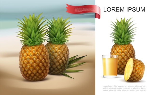 Vector piñas frescas en concepto de playa tropical con vaso de jugo natural entero y la mitad de fruta saludable en estilo realista aislado