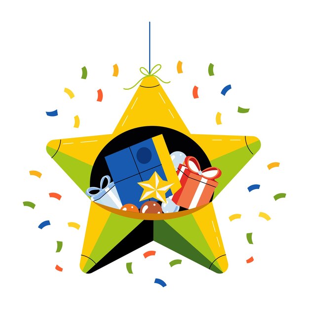 Pinata de estrella colgante con muchos regalos de cumpleaños ilustración plana