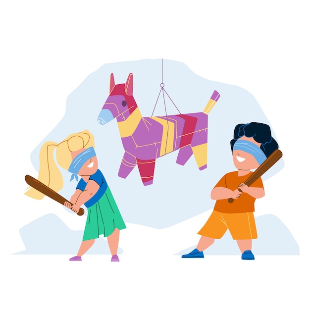 Piñata golpeando a niño y niña en vector de fiesta