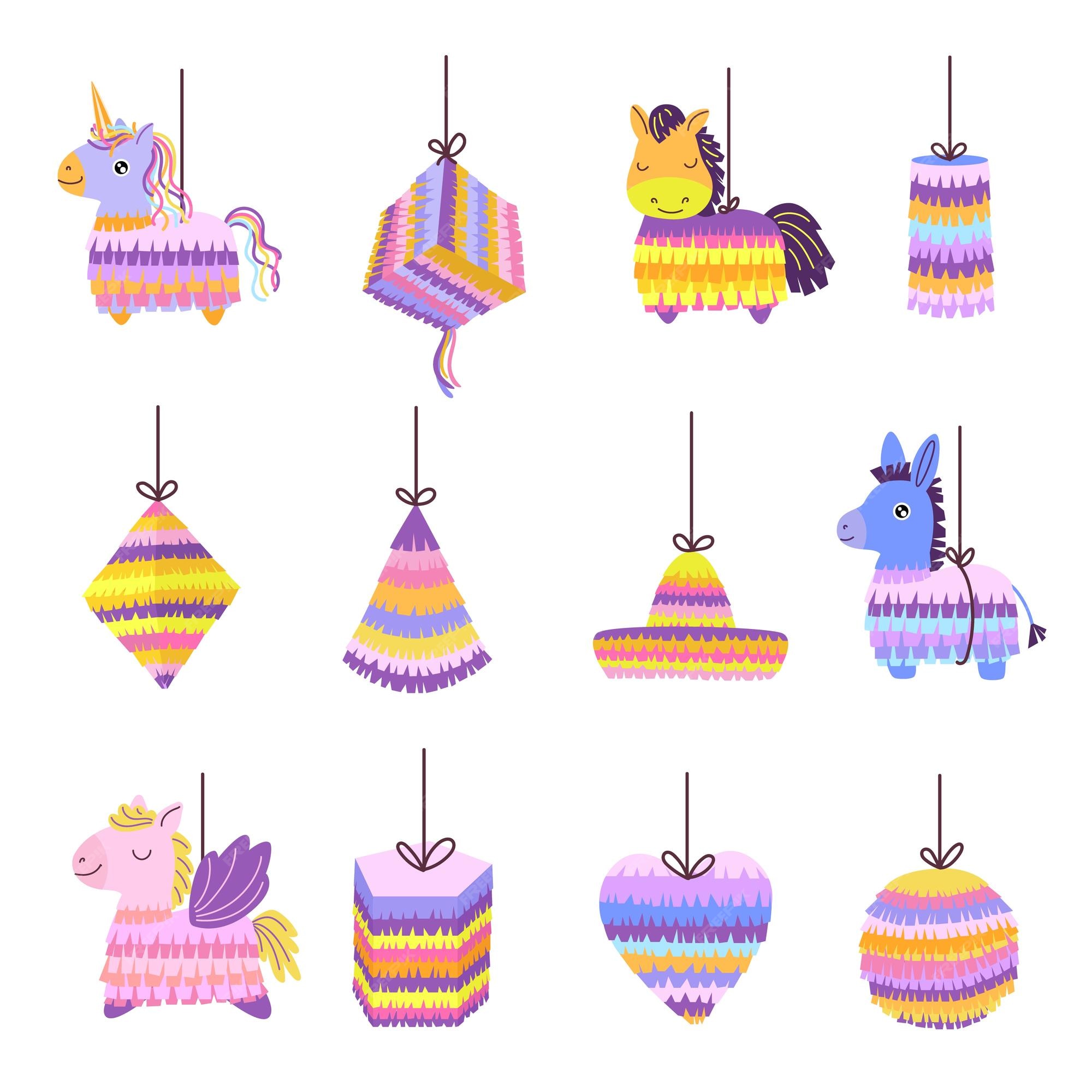 Piñatas de dibujos animados, burro mexicano, juguete para fiesta, pony,  caballo, animal, cumpleaños, piñata y papel, unicornio, vector, conjunto |  Vector Premium