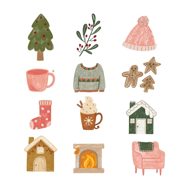 Pincel Acuarela Hyggen Navidad de invierno Conjunto de iconos Ilustración vectorial