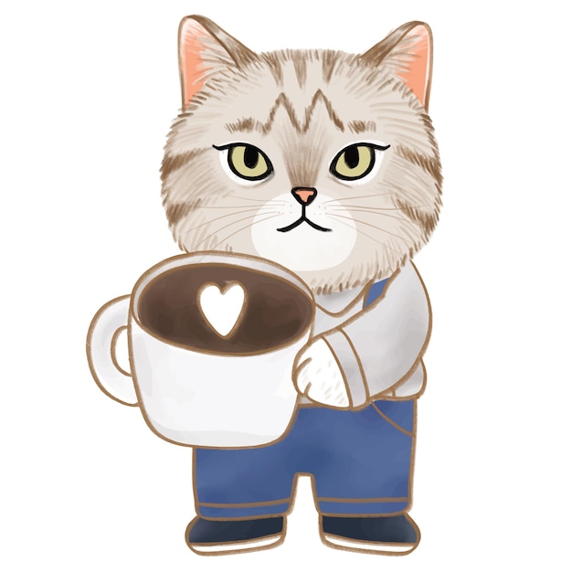 Pincel acuarela lindo gato y vector de café