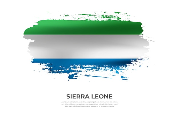 Pincel doblado de tela artística bandera de sierra leona con efecto de manchas de pintura sobre fondo blanco