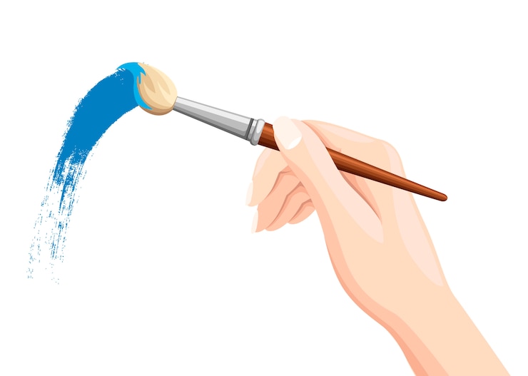 Vector pincel de explotación de mano. pintar con pincel sobre blanco. pintura azul. ilustración plana aislada sobre fondo blanco.