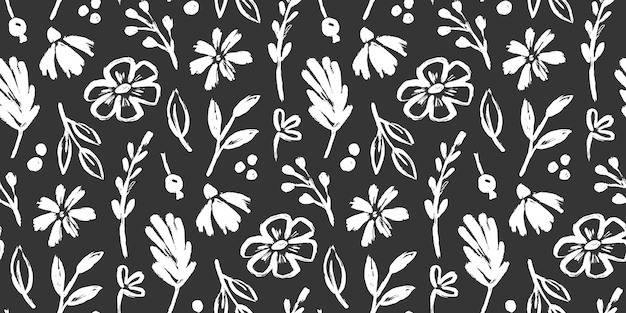 Pincel de flores patrón sin costura Abstracto floral dibujado a mano pincel fondo de pintura Esbozo dibujado de mano